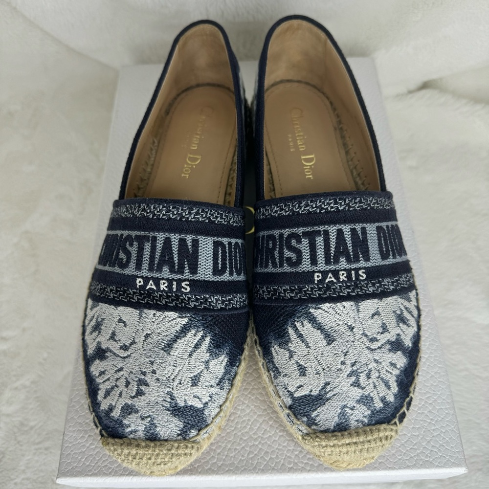 Dior Granville Tie Dye Denim Blue White Logo Embroidered Espadrille